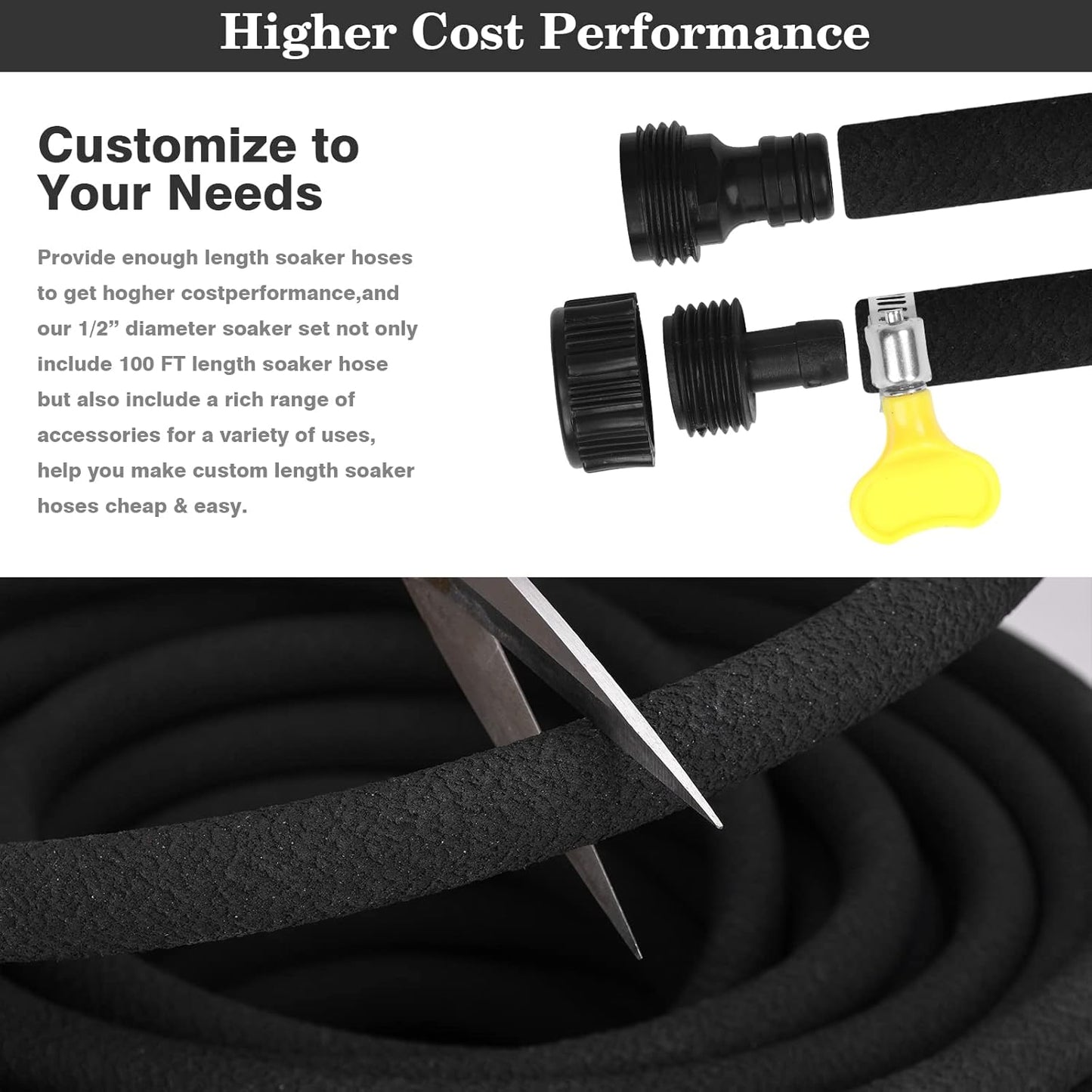 MHMHM 50FT 1/2 Inch Heavy Duty Soaker Hose Rubber Garden Drip Irrigation Hose with Solid Brass Connector Water Saving