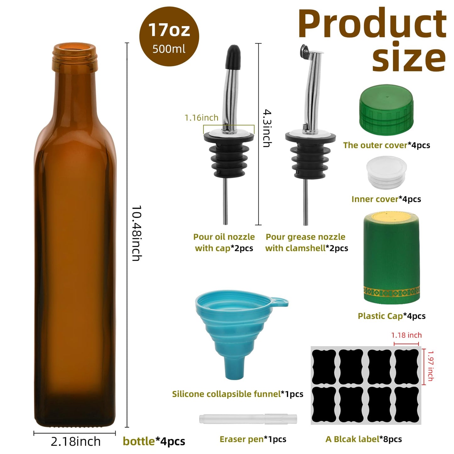 eispap 17oz 4 Pcs Olive Oil Dispenser Bottle,500ml Glass Oil and Vinegar Dispenser Set with 4 Stainless Steel Pourers, 8 Labels,Funnel Oil Bottles for Kitchen (Brown)