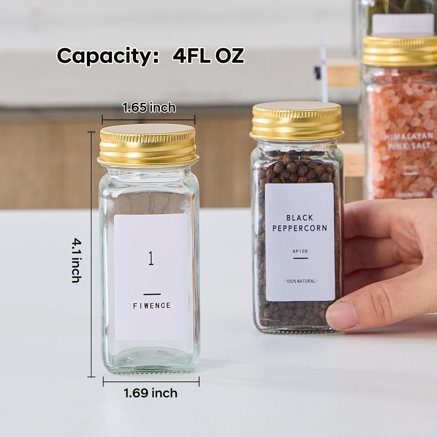 24 576 4oz Pcs Glass Spice Jars with Labels, Empty Square Spice Containers,Seasoning Bottles with Gold Metal Caps