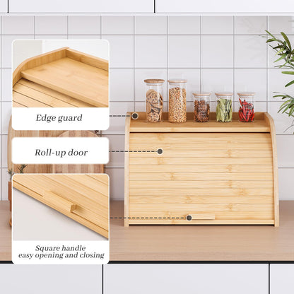 Kitsanery Bread Box for Kitchen Countertop, Bamboo Bread Storage, Double-Layer Roll-Top Bread Container, Farmhouse Bread Holder for Homemade Bread (Natural, single layer)