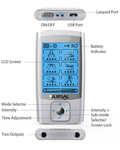 NURSAL 24 Modes TENS Unit Muscle Stimulator with Continuous Stimulation, Rechargeable Electronic Pulse Massager with 8 Pads for Back and Shoulder Pain Relief and Muscle Strength