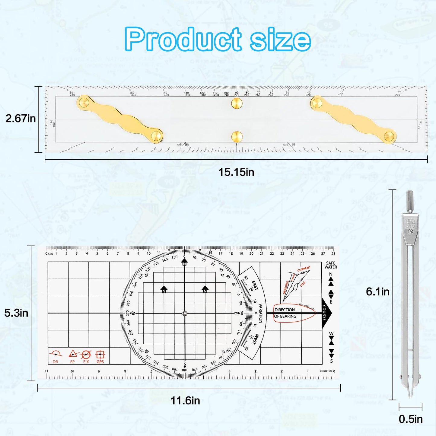 Ironwarrior 3 Pcs Basic Navigation Set,Including 15inch Parallel Ruler with Brass Arms, Nautical Protractor, and 6 Inch Marine Fixed Points Divider, Marine Accessories with Clear Scales for Boat