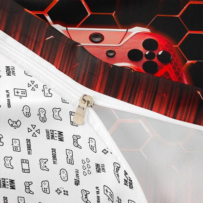 Manfei Kids Gaming Duvet Cover Set Full Size, Red Geometric Gamepad Bedding Set 3pcs for Boys Girls Game, Modern Gamer Comforter Cover Videogames Reversible Quilt Cover with 2 Pillowcases,No Comforter