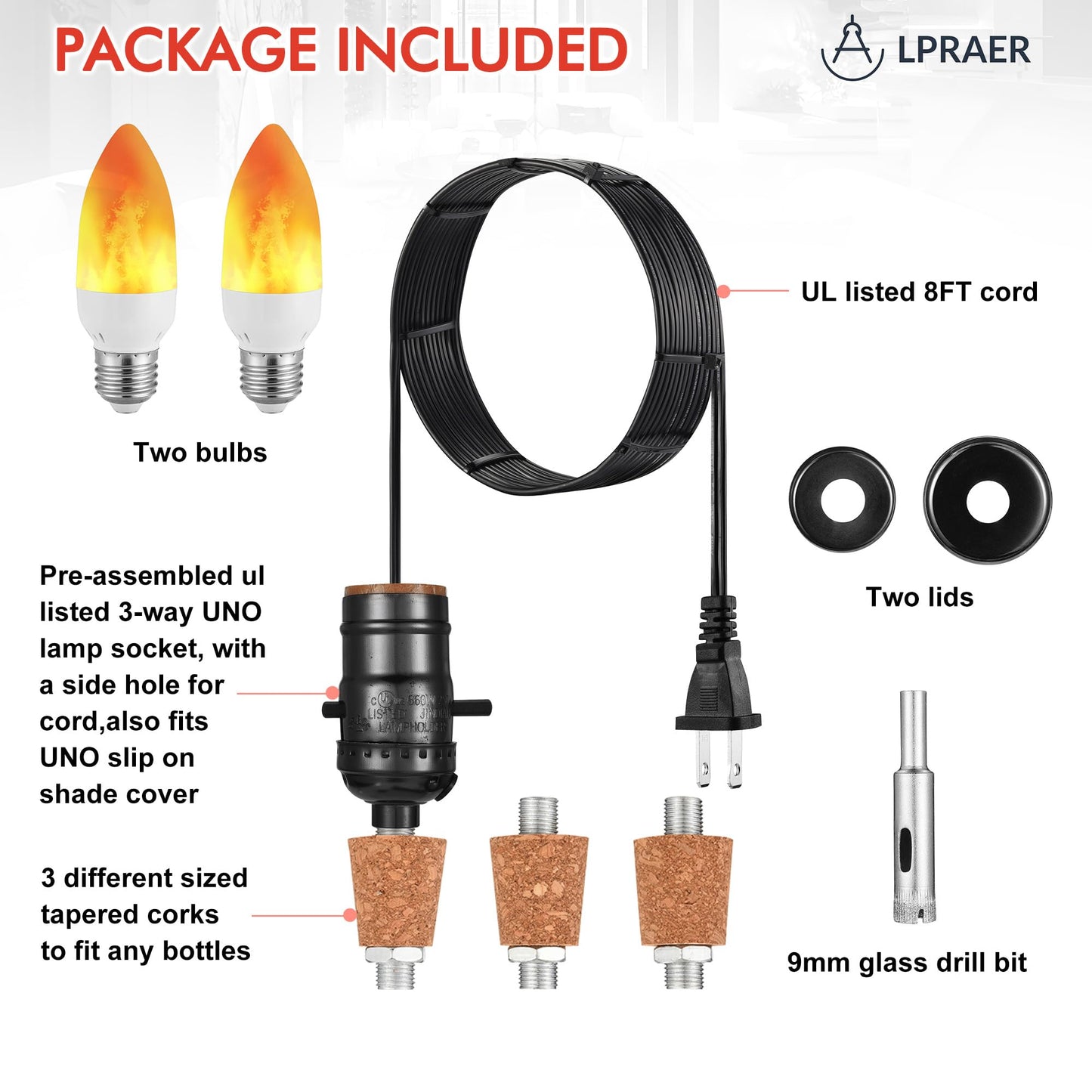 Lpraer 2 Set DIY Wine Bottle Lamp Kit with E26 LED Light Bulbs for Liquor Bottle, w/Glass Drill Bit and Lid, Black Cord w/Lamp Socket, 3 Size Tapper Cork (W/ 2 Flame Effect Light Bulbs)