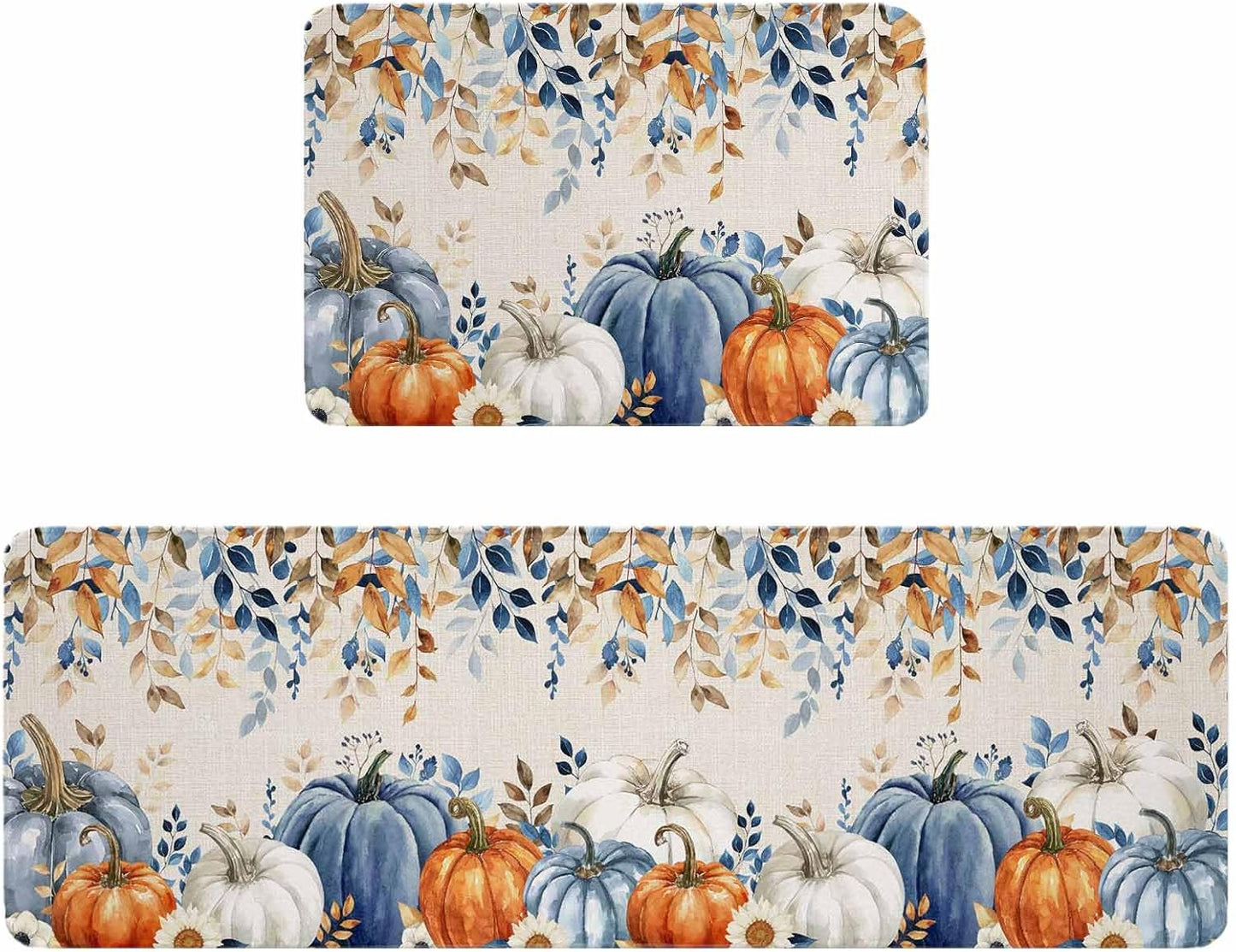 Blue Pumpkins Fall Kitchen Rugs and Mats Set, Thanksgiving Non-Slip Bathroom Rug with Eucalyptus Leaves Botanical