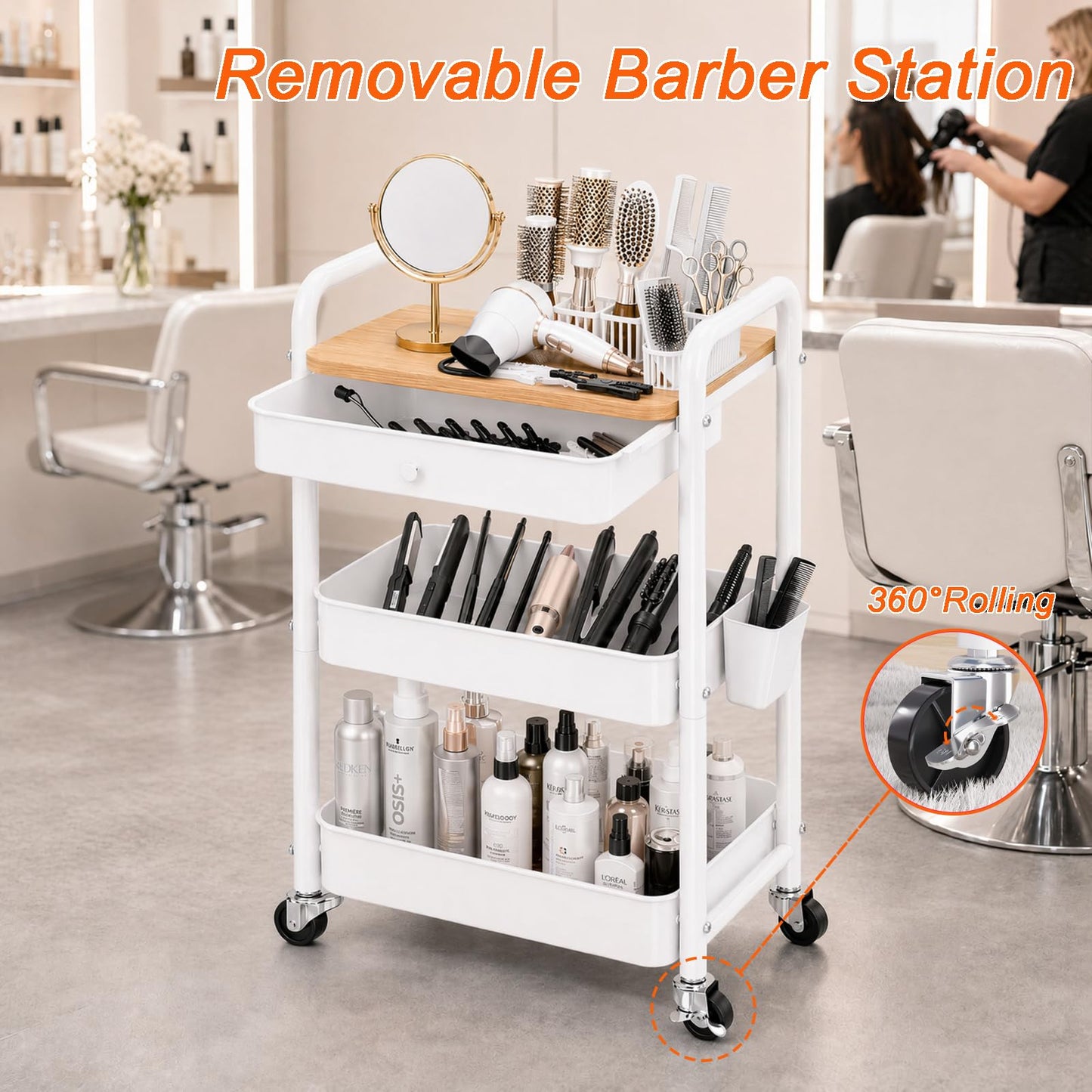 3 Tier Metal Rolling Cart with Drawers, Makeup Organizer Cart with Wheels for Skin Care/Lash/Hair Product/Perfume, Esthetician Pedicure Carts for Nail Techs, Vanity, Bathroom,Craft Storage Carts,White