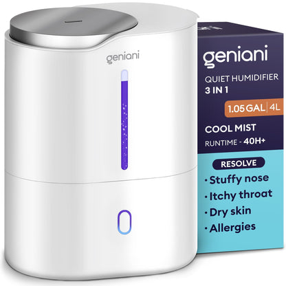 GENIANI Ultrasonic Cool Mist Humidifier for Bedroom, Large Rooms, Home, 4L - Easy Fill & Clean Humidifier for Plants w/Auto Shut-off, 40H Runtime - Quiet, Top Fill Air Humidifier