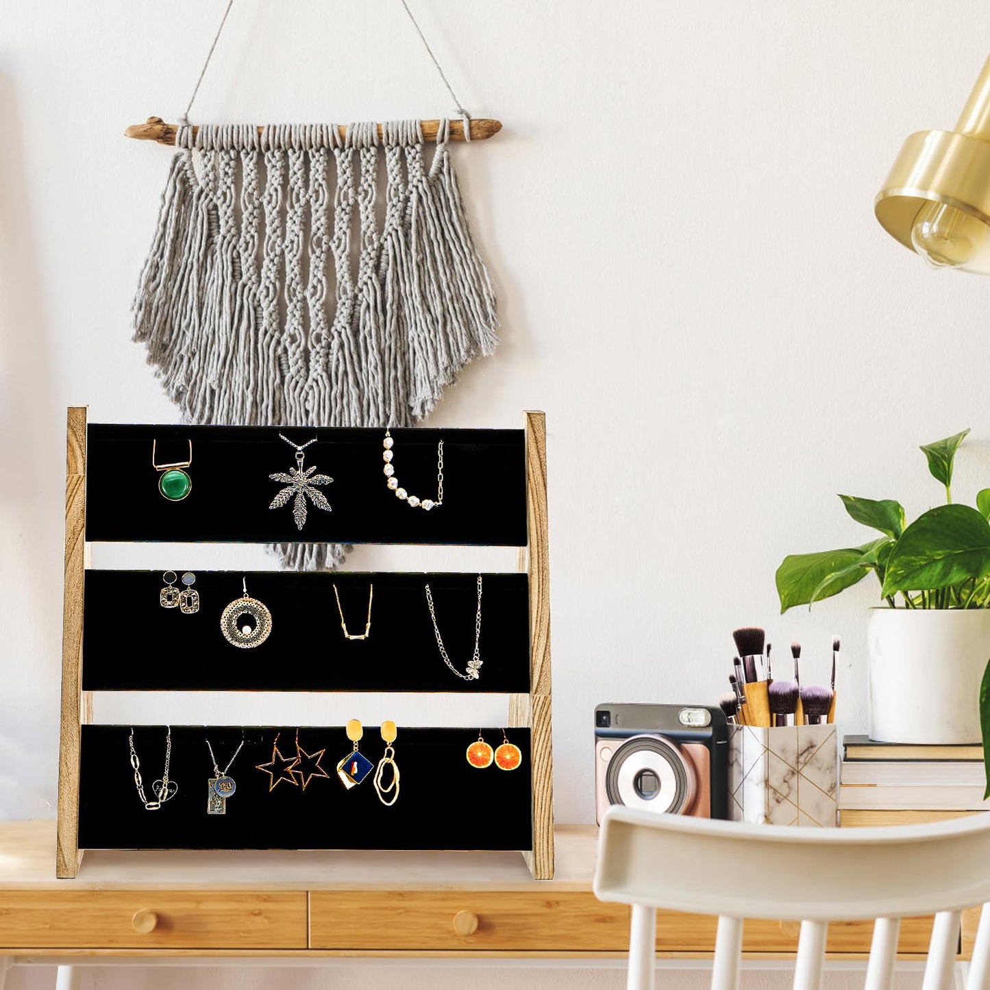 Acshio 3 Tier Necklace Display Stand, Wood Necklace Holder Organizer with Velvet, 72 Slot Tabletop Jewelry Stand Storage for Selling Bracelets Earring, Home Store Trade Show