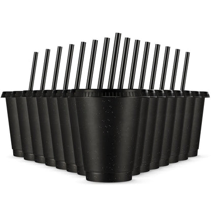 Rtteri 15 Pcs Reusable Cups with Straws and Lids 16 oz Glitter Tumblers Plastic Party Favor Cups with Lids Travel Mug Tumbler for Easter Graduation Party Iced Beverage Water(Black)