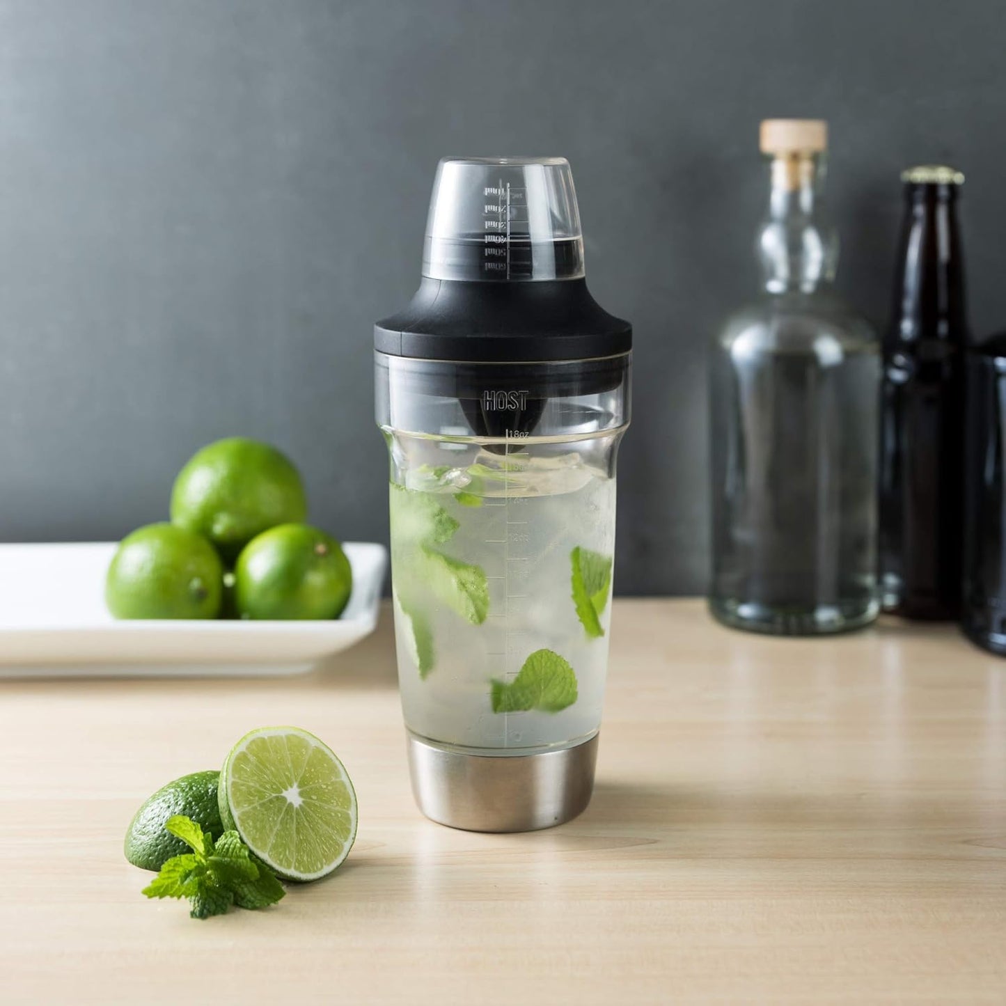 Host All in One Cocktail Shaker Set with Measurements, Reamer, Bottle Opener, Strainer, Jigger, 18 oz