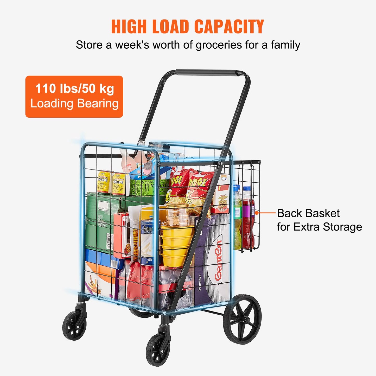 VEVOR Folding Shopping Cart, Jumbo Grocery Utility Cart with Double Baskets, 360° Swivel Wheels, 110 LBS Large Capacity Heavy Duty for Laundry, Shopping, Grocery, Luggage, Black