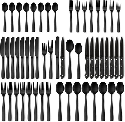 Hiware 48-Piece Matte Black Silverware Set, Stainless Steel Cutlery Set for 8 with Steak Knives