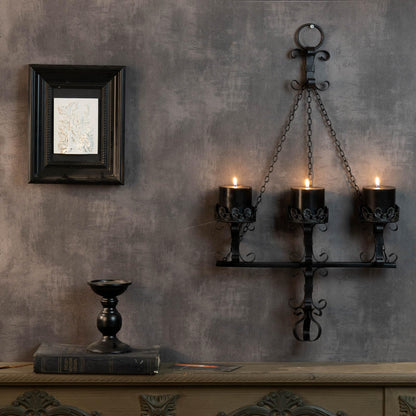 Black Wall Candle Sconces,3 Iron Candelabra,Gothic Victorian Decor,Rustic wall Candle Holder for Bathroom,Living Room,Dining Room Indoor Outdoor Use