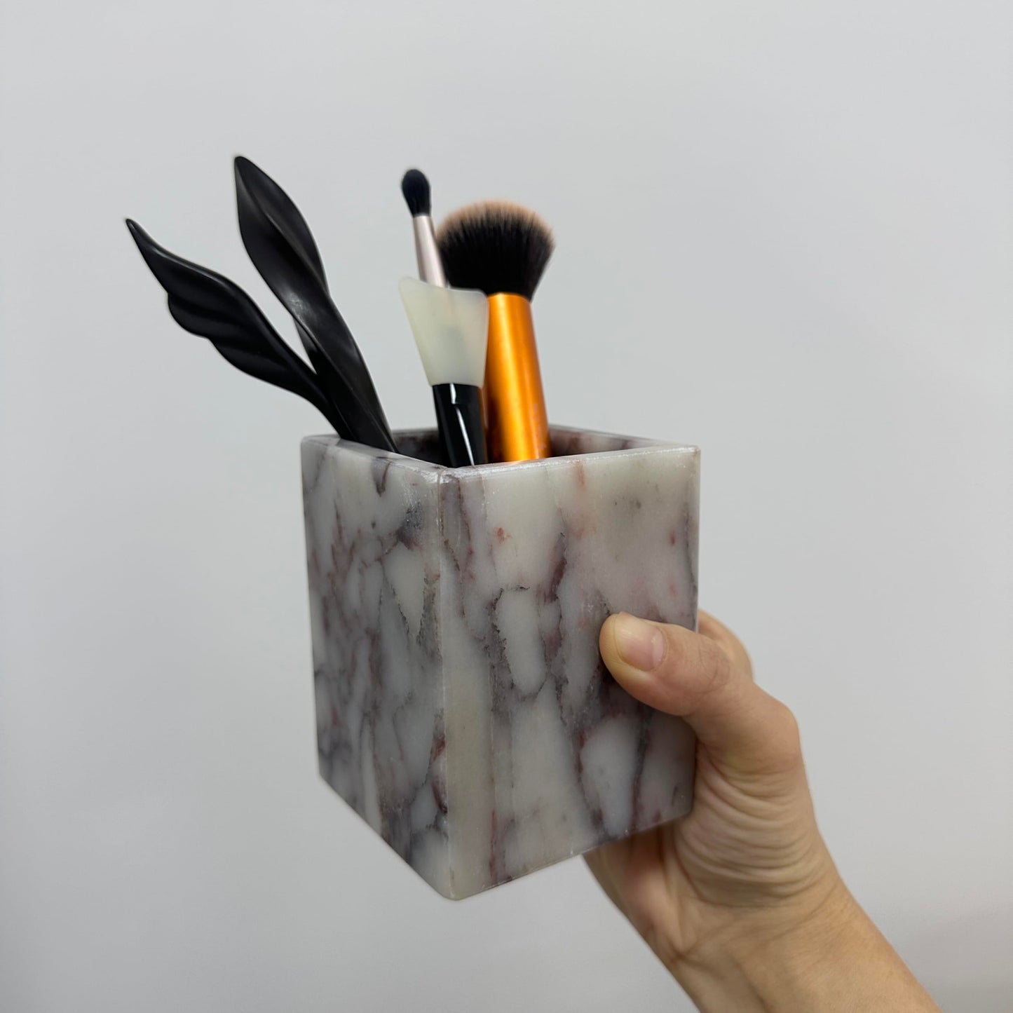 KEBTN Natural Calacatta Viola Marble Pen Holder, Luxury Square Organizer Cup, Multi-Use Hand-Polished Storage for Desk, Bathroom Vanity, Kitchen Utensils & Makeup Brushes, 2.95” x 3.74”