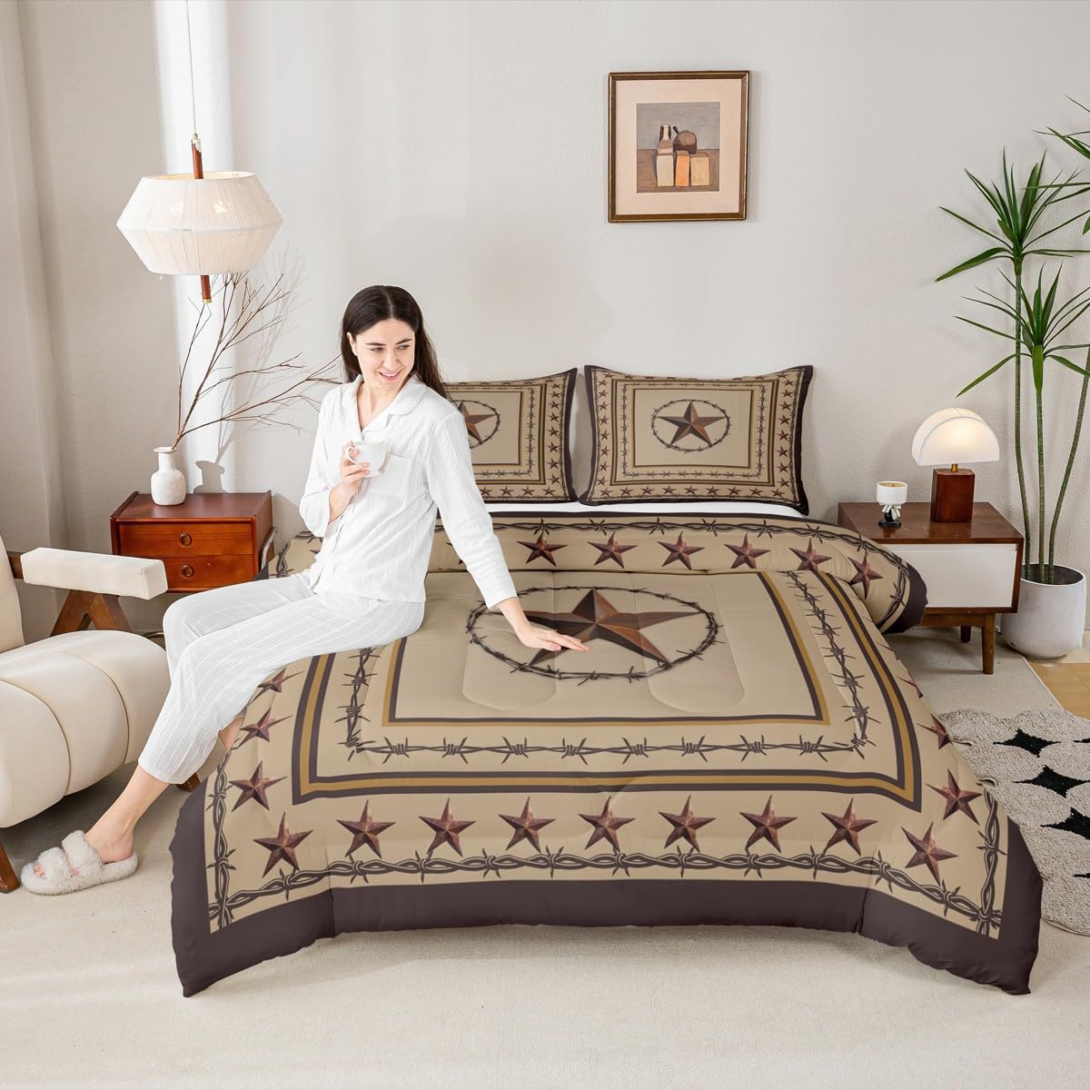 Western Texas Star Kids Comforter Set Queen Size,Cowboy Rustic Farmhouse Bedding Set,Boys Girls Adults Bedroom Decor,Geometric Plaids Patchwork Down Comforter,Brown Retro Duvet Insert,2 Pillowcases