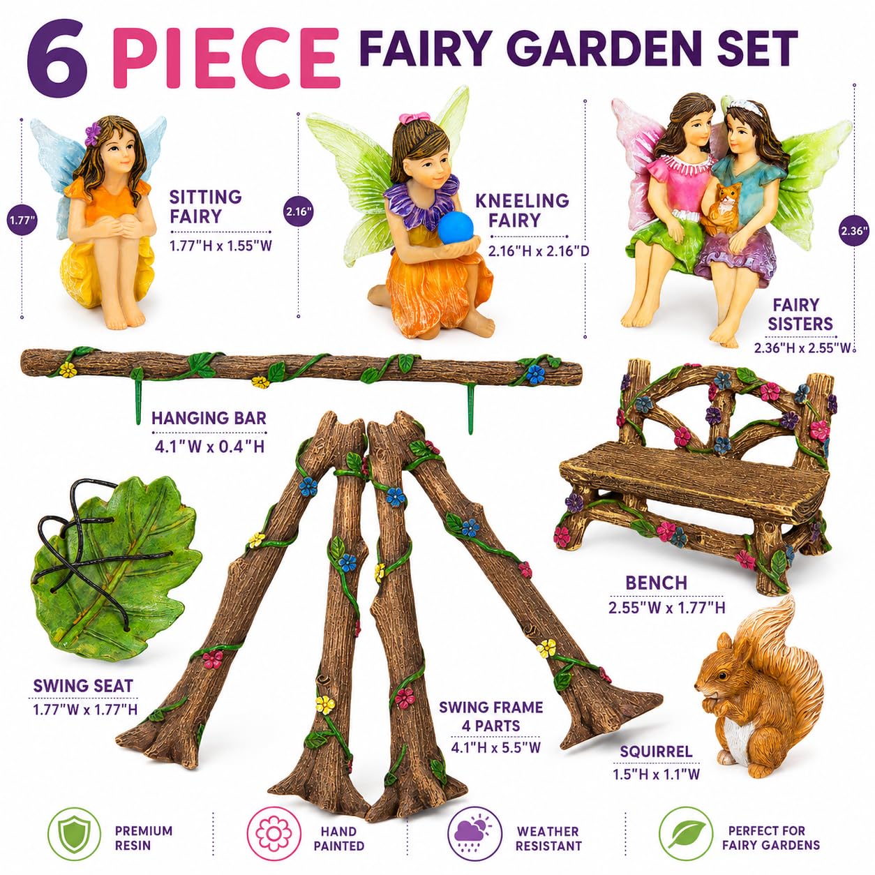 Mood Lab Fairy Garden Figurines with Swing - Miniature Accessories Set (6 pcs) - Outdoor Indoor Garden Decor