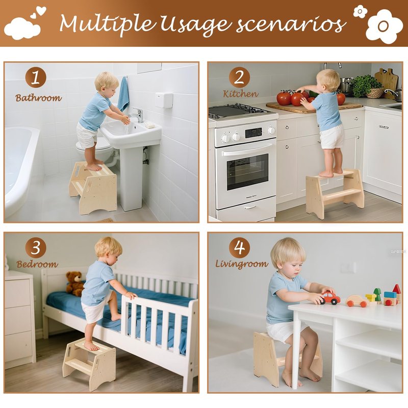 Step Stool for Toddlers & Kids - Wooden Height Adjustable Kids 2 Step Stool with Safe Non-Slip Pads - Potty Training Stool for Bathroom Sink, Bedroom,Kitchen Dual Height Step Stools for Kids(Natural)