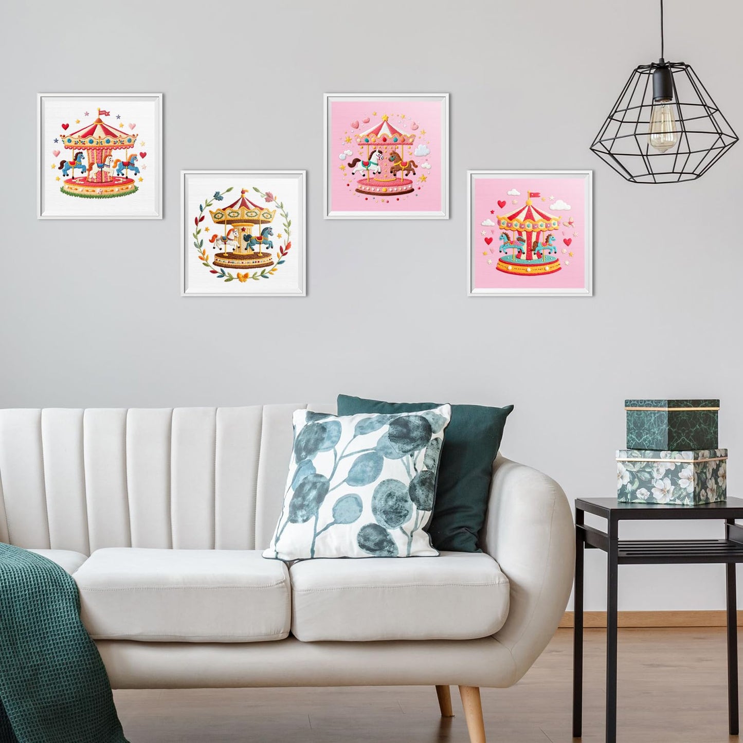 ERKOON 4 Set Embroidery Kit for Beginners, Cross Stitch Set Include Embroidery Cloth Hoops Threads for Craft Lover Hand Stitch with Embroidery Skill Techniques (Carousel)