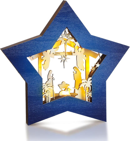 Skiennix Wooden Nativity Scene Set - Rustic Christmas Tabletop Decoration with LED Lights | Blue & White