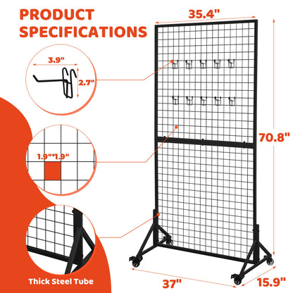 2 Packs 3' x 6' Grid Wall Panels Display Stand with Wheels, Heavy Duty Wire Grid Wall Rack for Retail, Craft Fairs & Art Shows, Mobile Floor Standing Fixture with 20 Hooks, Black