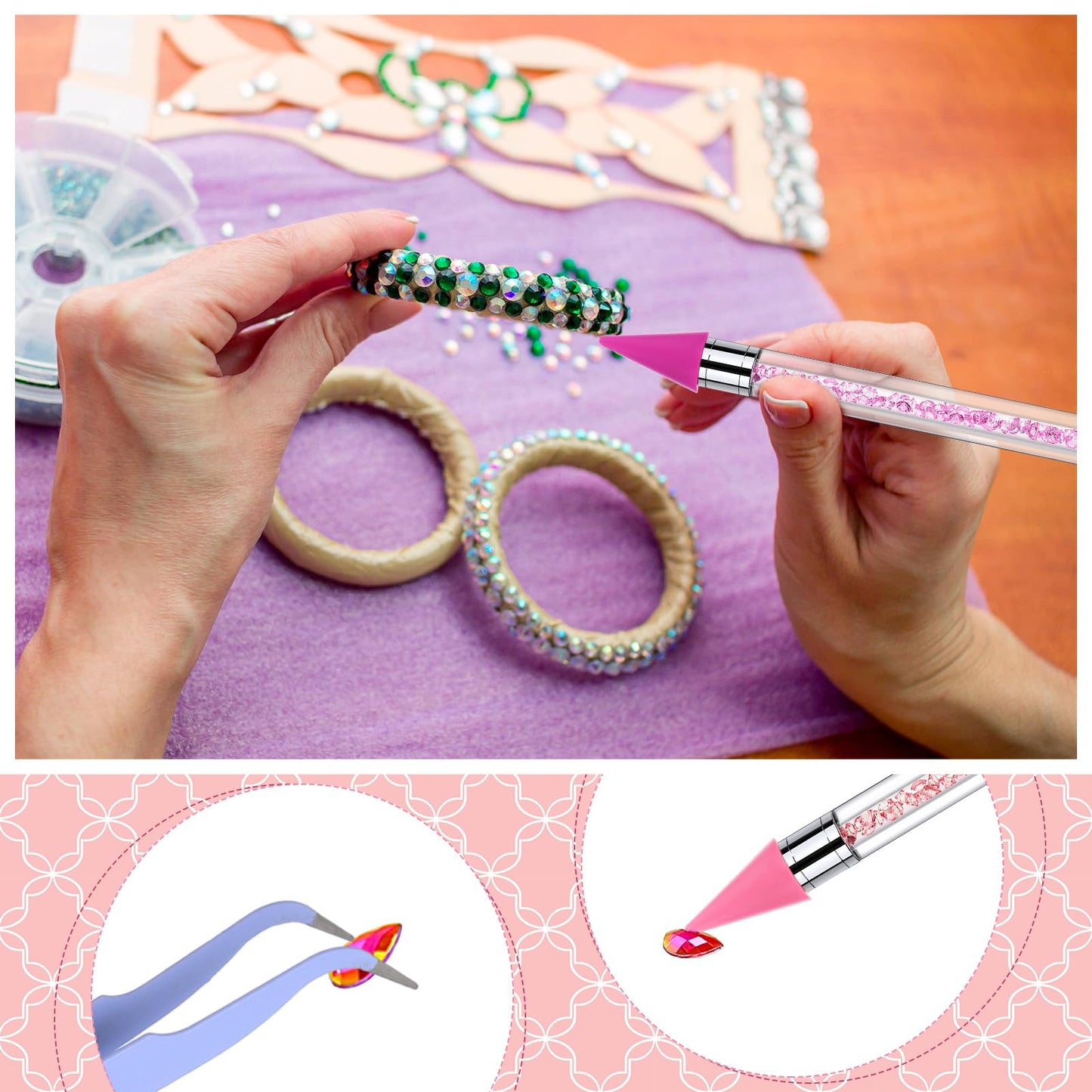 Tatuo 4 Set/26 Pcs Rhinestone Picker Tool Dotting Pen Dual-ended Nail Art Rhinestones Applicator Gems Crystals Beads Picker Wax Pencil with 20 Wax Head 2 Tweezers DIY Nail Art Tool(Pastel)