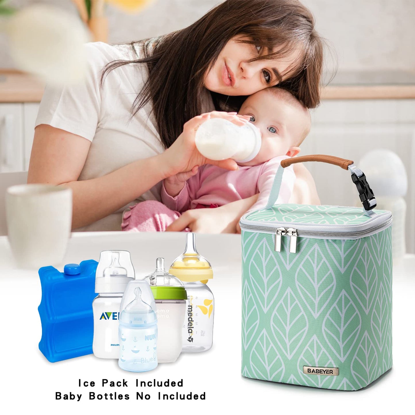BABEYER Breast Milk Cooler Bag with Ice Pack Fits 4 Baby Bottles Up to 9 Ounce, Baby Bottle Bag for Nursing Mom Daycare-Green