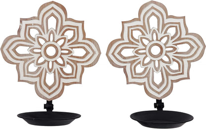 Set 2 Openwork Carving Candle Sconces of - Farmhouse Rustic Wall Decor, Wooden Sunflower Candle Holder, Decorative
