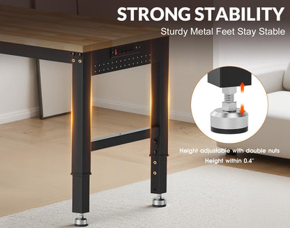 MUWOOD 84” Heavy Duty Work Bench, 2-Layer Adjustable Workbench, 5000 LBS Capacity Work Bench with Power Outlet & Pegboard, Rubber Wood Work Table for Garage, Workshop, Office, Home