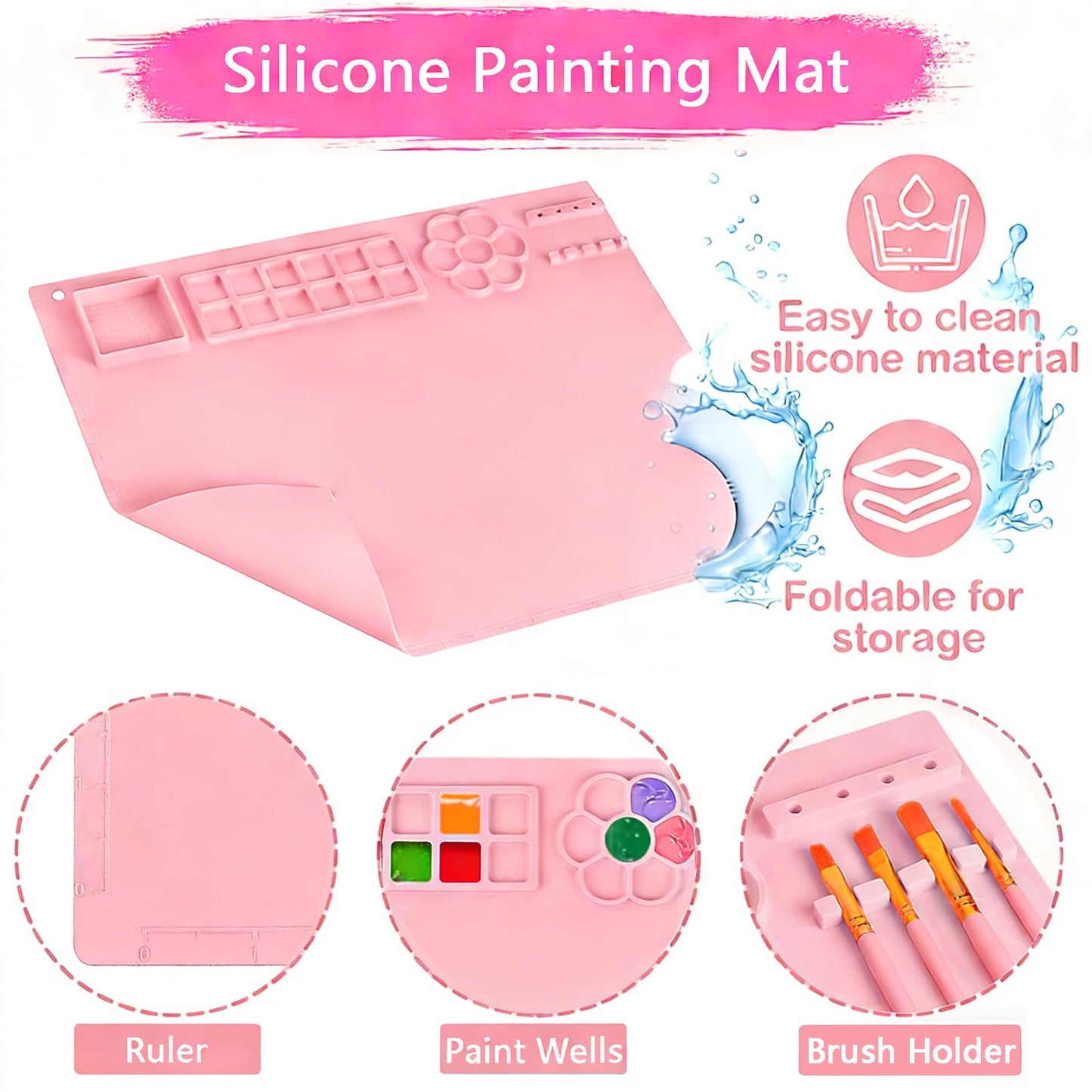 Elisel Painting Station,5 IN 1 Art Paint Supplies Kits,Paint Brush Cleaner (Upgraded),Silicone Painting Mat 12 Colors Paint Set,10 Paint Brushes,Painting Apron for Kids Artist Beginners (Pink, 5)