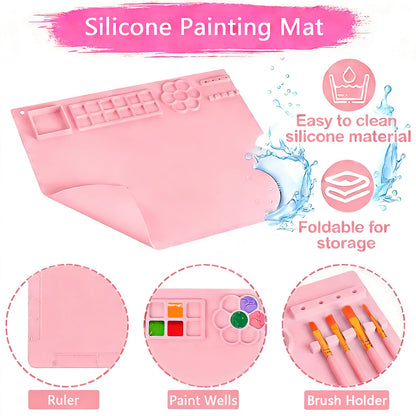 Elisel Painting Station,5 IN 1 Art Paint Supplies Kits,Paint Brush Cleaner (Upgraded),Silicone Painting Mat 12 Colors Paint Set,10 Paint Brushes,Painting Apron for Kids Artist Beginners (Pink, 5)