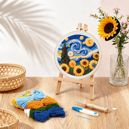 BEUNITONE Starry Sky Scenery Punch Needle Kit for Adults Beginners, Complete Embroidery Craft Kits with Needle, Hoop and Easy to Follow Instructions, Create Home Decor, Wall Hanging Art Making 20x20cm