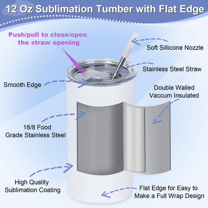 Draheri 8 Pack 12 Oz Sublimation Tumblers Blanks Bulk, Stainless Steel Double Vacuum Insulated Sublimation Tumbler for Kids, Individually Boxed (Flat Edge)