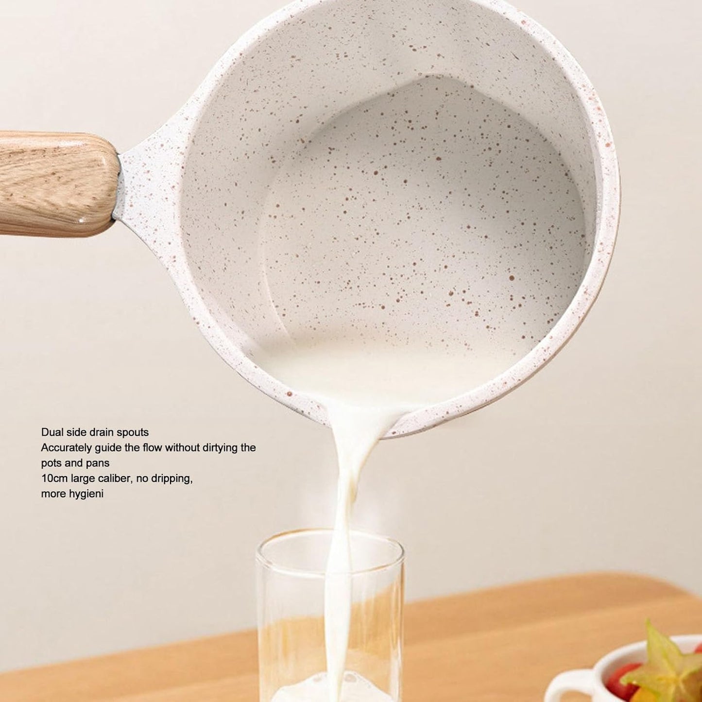 Kitchen Aluminum Nonstick Sauce Frying Pan with Wooden Handle and Pour Spouts for Heating, Boiling, Frying (White)