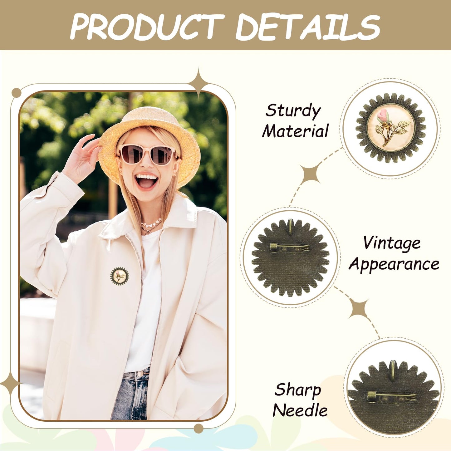 MECCANIXITY 10 Pcs Cabochon Brooch, 25mm Alloy Findings Trays Round Pins, Vintage Setting Brooch Pins for Diy Jewelry Making Pendants Photo Craft, Sunflower Style, Bronze