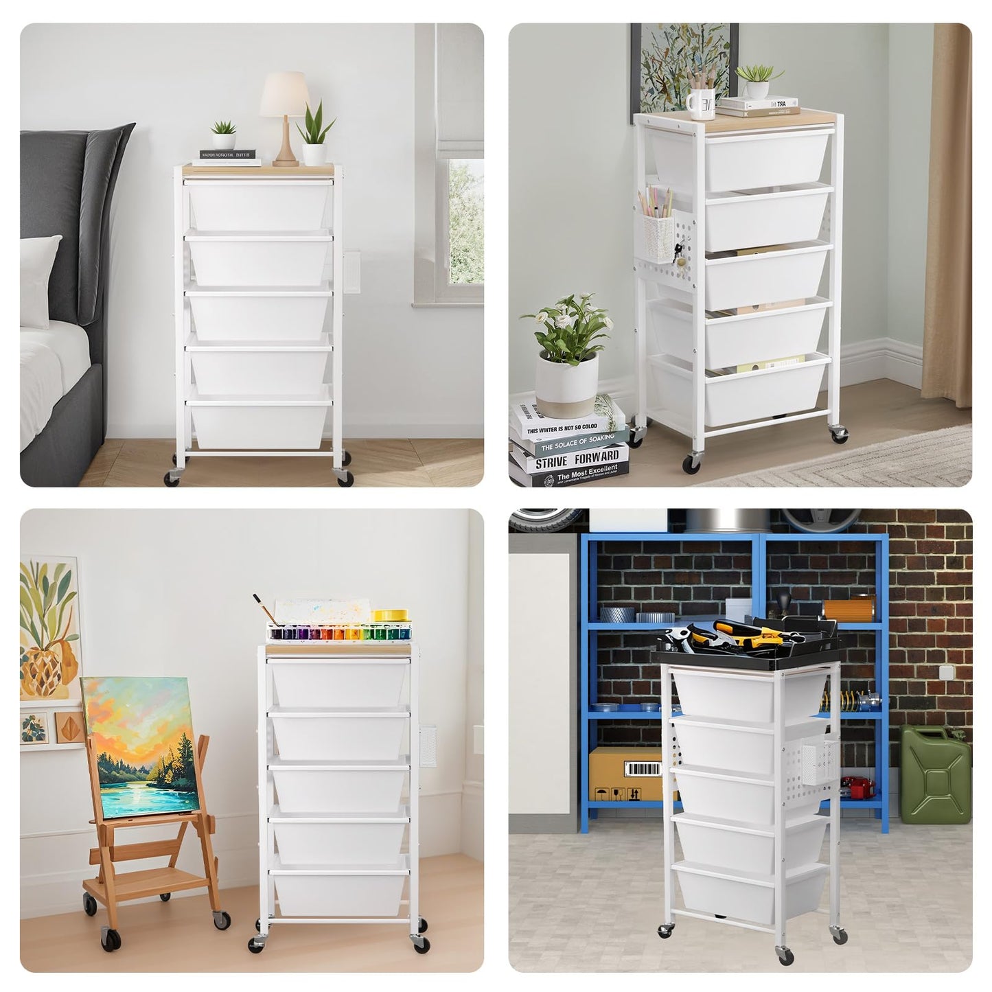 Rolling Cart with 5 Drawers, Plastic Drawer Storage Carts with Wheels & Wooden Tabletop, Metal Utility Cart with Pegboards, Office Living Room Classroom Craft Organization and Storage, Bright White