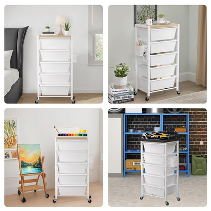 Rolling Cart with 5 Drawers, Plastic Drawer Storage Carts with Wheels & Wooden Tabletop, Metal Utility Cart with Pegboards, Office Living Room Classroom Craft Organization and Storage, Bright White