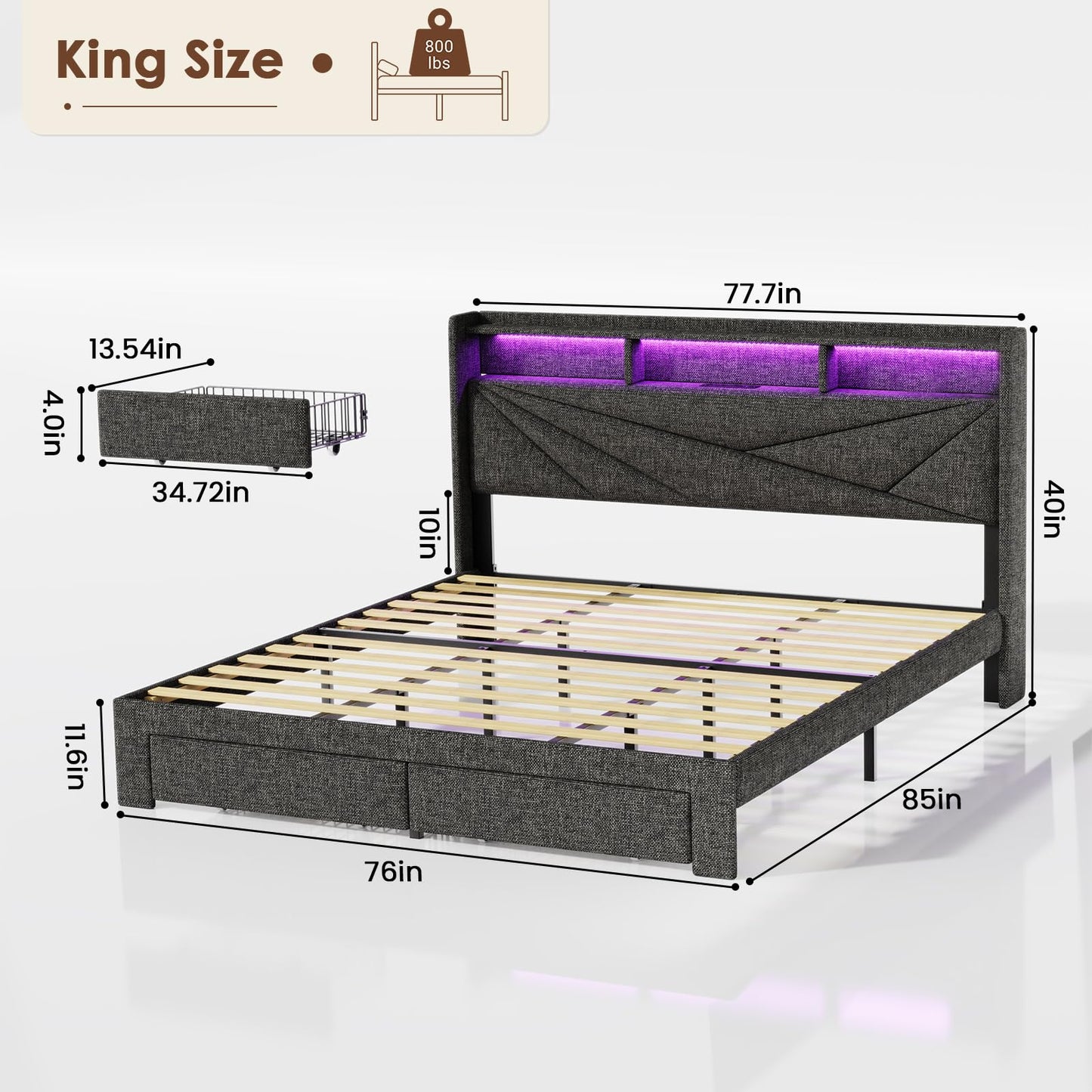Driftalia King Size Bed Frame with 2-Tier Storage Headboard, Upholstered King Bed Frame with 2 Drawers, Charging Station and LED Lights, No Box Spring Needed, Easy Assembly - Dark Grey