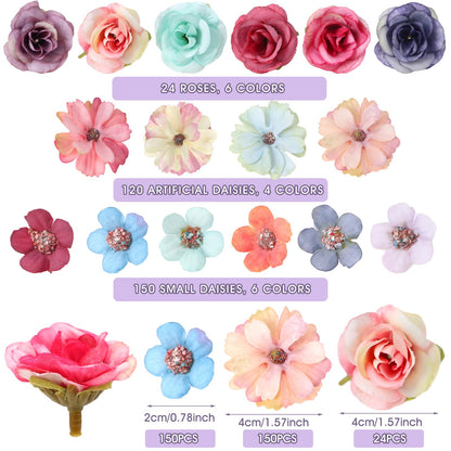 Wavyknot 342 Pcs Faux Flower Heads and 3D Butterfly for Craft Bulk DIY Graduation Cap Decorations Accessory Kit Small Silk Fake Floral Head Gold Butterfly for Wedding Bouquet Graduation Cap Decor