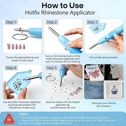 5 in 1 Cordless Hotfix Applicator Tool, 4000mAh Rhinestone Bedazzler Kit with Self-Suction, 3 Temp Settings, 5 Tips, Hot Fix Rhinestone Kit for Clothing Fabric DIY Crafts (Blue)