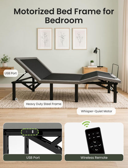 Mixcous Full Size Adjustable Bed Frame with USB Ports, Electric Bed Base with Wireless Remote, 3-Fold Foldable Design, Quiet Motor, Heavy Duty Metal Frame, Easy Assembly Adjustable Base