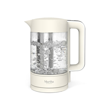 Martha Stewart  Electric Kettle with Removable Stainless Steel Tea Infuser, Glass Carafe 1.7L (7 Cups), Hot Water Boiler, 4 Presets, Keep Warm & Auto Shut-Off, Cordless 360° Swivel Base, Linen White