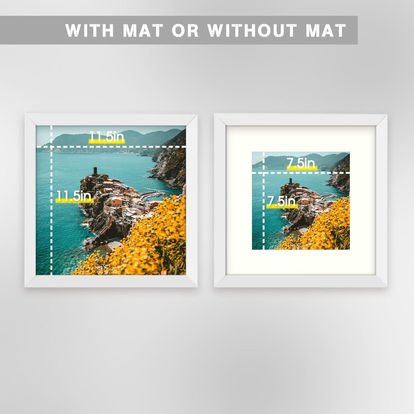 Frametory 12x12 White Picture Frame, Display Pictures 8x8 with Mat or 12 by 12 Without Mat, Square Wall Frame for Print and Diamond Painting - Wide Molding (12x12, White)