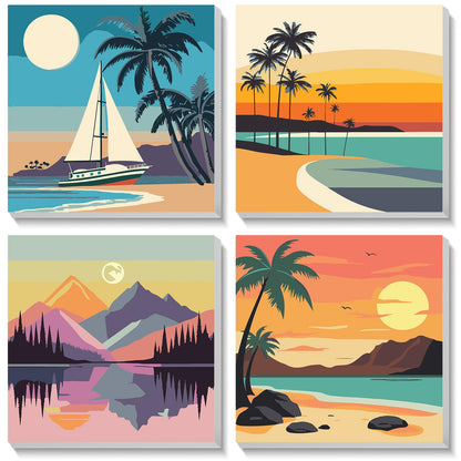 HEIBAGO Framed Paint by Numbers kit for Kids, 4 Pack Sunset Paint by Numbers for Kids Ages 8-12, Beach Paint by Numbers Kits Children Beginner, DIY Acrylic Oil Painting for Home Wall Decor 8x8 inch