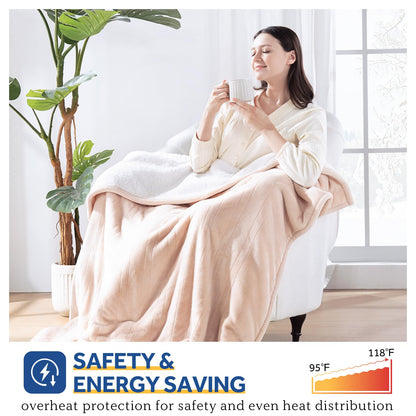 Sealy Electric Blanket with Foot Pocket for Adults, Flannel & Sherpa Heated Blanket Throw with 6 Heating Levels & 2-10 Hours Auto Shut Off, Fast Heating & Machine Washable, 50x62 Inch, Dark Grey