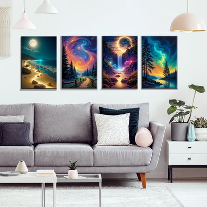 JOOZ 4 Pack Paint by Numbers Kit for Adults with Frame Aurora Paint by Number with Easel DIY Mountain Landscape Adult Paint by Number Kits Moon Oil Painting Kits for Home Wall Decor 8x12 Inch
