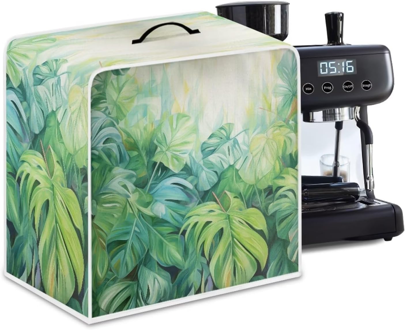 Coffee Maker Dustproof Cover - Protective Stain Resistant Cover with Top Handle for Kitchen Decor, Green Monstera Leaf