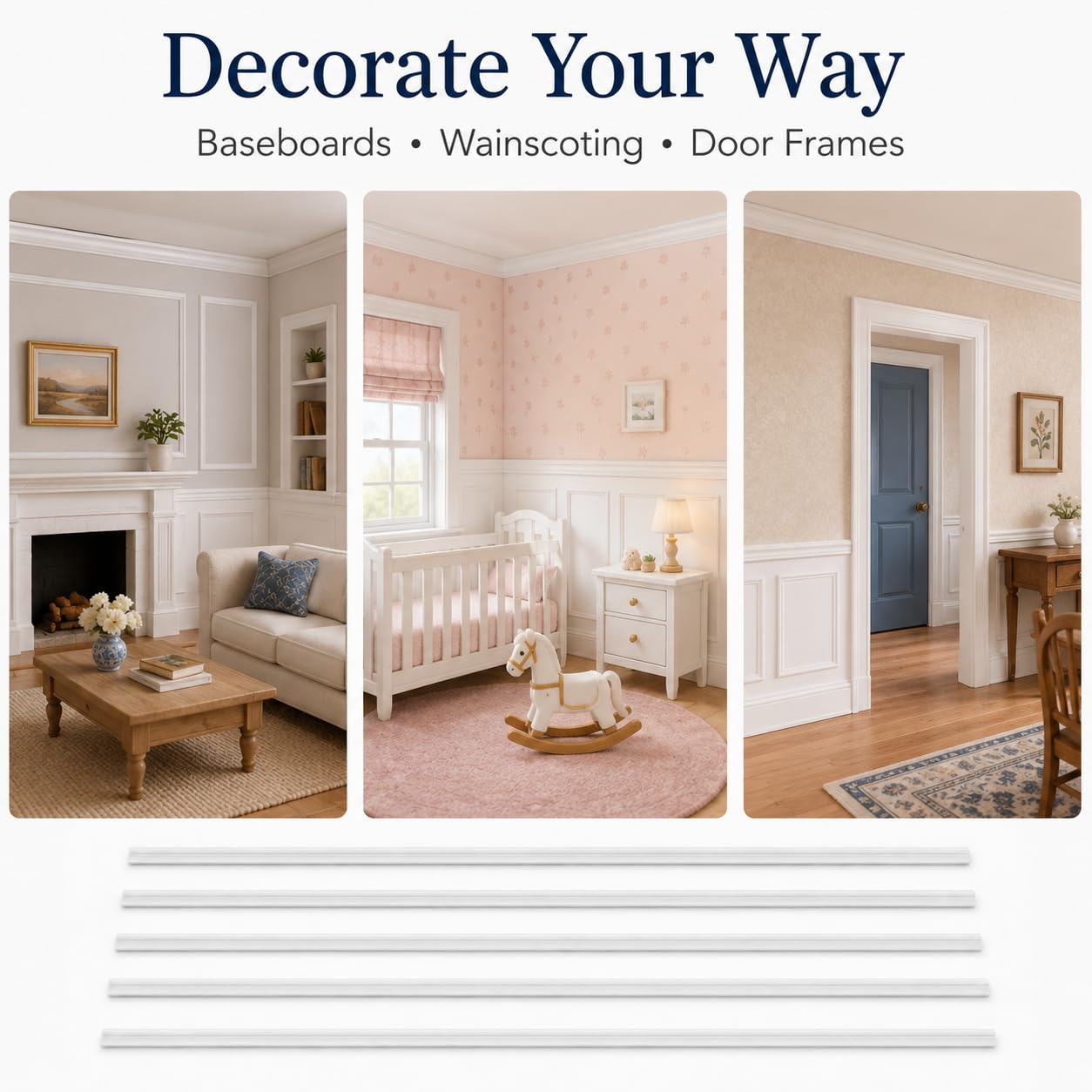 DECHOUS 8Pcs Miniature Dollhouse 1:12 Scale Wall Moulding Trim Peel and Stick White Wall Door Molding Trim Self Adhesive Dollhouse Decoration DIY Accessories