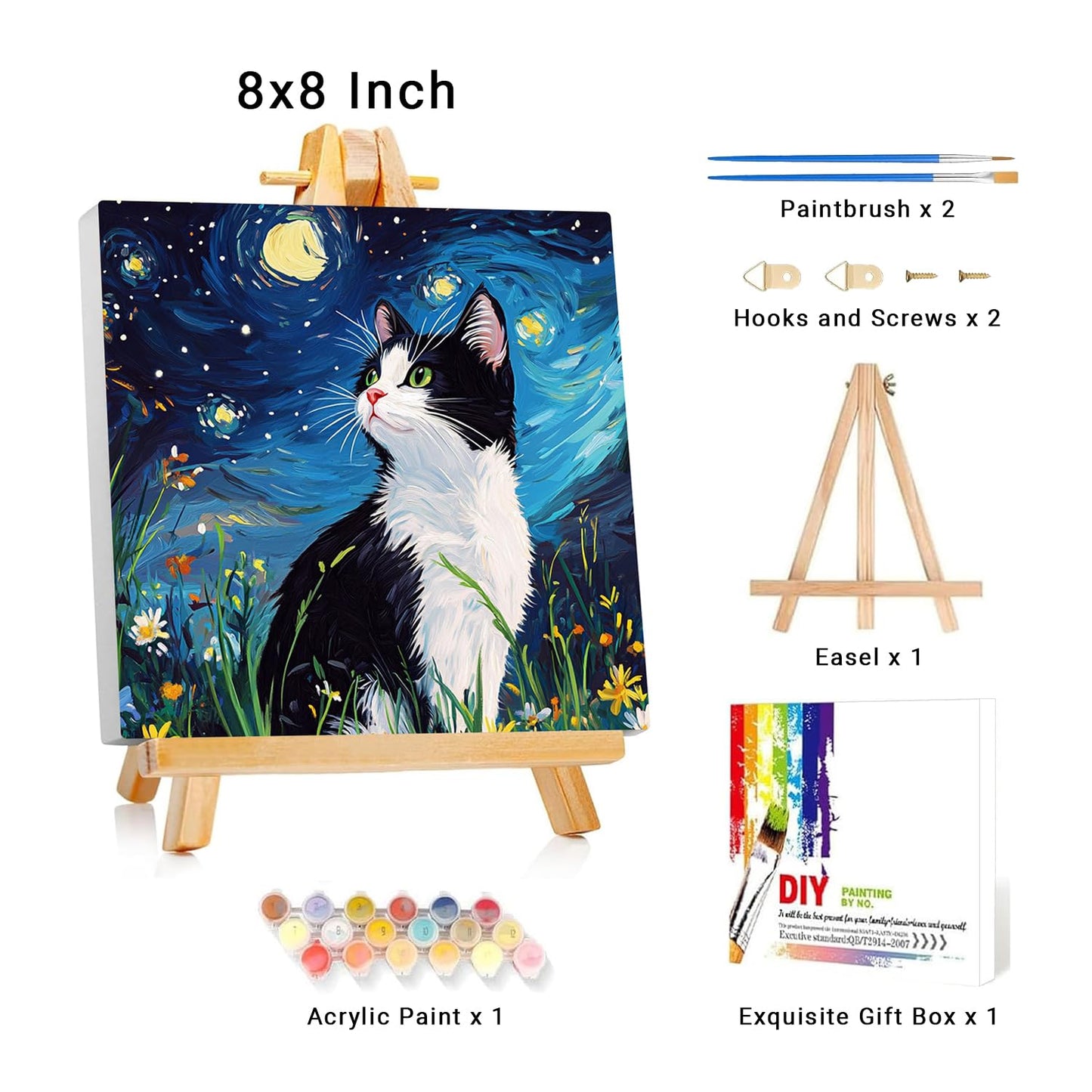 Framed Paint by Numbers Kit for Adults Beginner & Kids Ages 8-12 Cat Adult Paint by Number Kits on Canvas with Easel Starry Night Painting by Numbers for Adults with Frame DIY Painting Kits 8x8 Inch