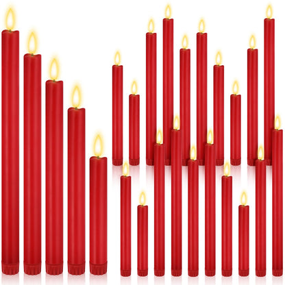 Rossesay 20 Pcs Flameless LED Taper Candles Battery Operated Taper Candles 5 Sizes of 6.5'', 7.7'', 8.8'', 10.0'', 11.2'' Flameless Candlesticks Flickering with 3D Flame for Wedding (Red)