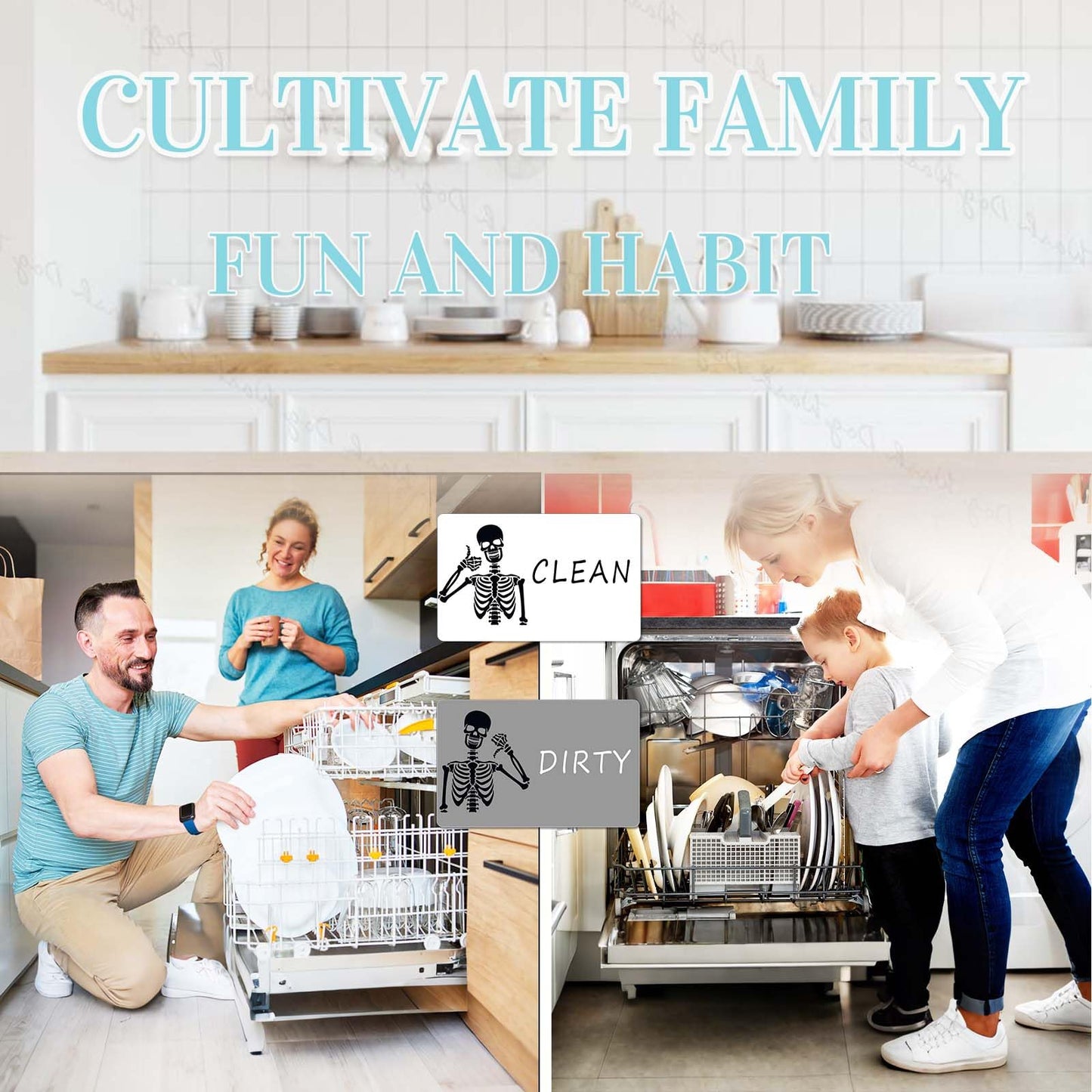 Chendalize Dishwasher Magnet Clean Dirty Sign, Strong Magnet Clean Dirty Magnet for Dishwasher, Double Side Reversible dirty clean dishwasher magnet, Funny Skeleton Dishwasher Magnet, Easy to Read
